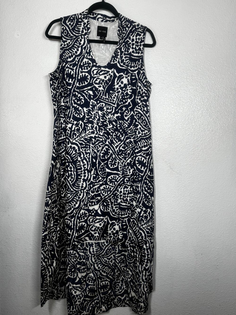 Nic + Zoe High Low Linen Dress Blue White Abstract Pullover Sleeveless Sz M